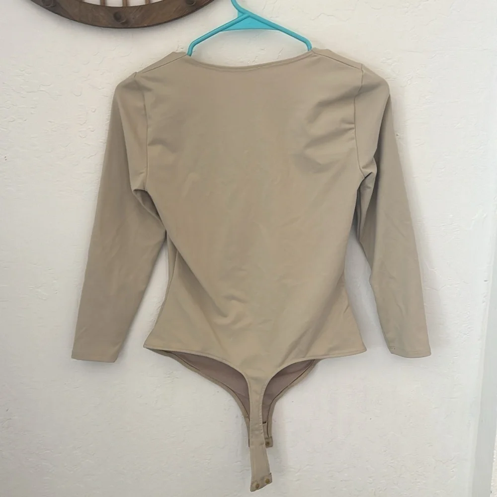 Free People Intimately Truth Square Neck Bodysuit Long Sleeve Stone Gray Tan S